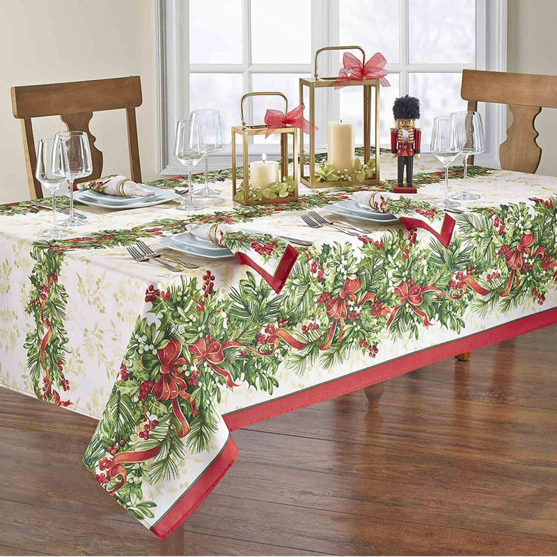 Newbridge Christmas Holly Ribbon Traditions Bordered 60 x 144 Inch Rectangle Fabric Tablecloth, Boughs of Holly and Berry Ribbon Garland Dining Table Cover for Holiday Party - Image 4